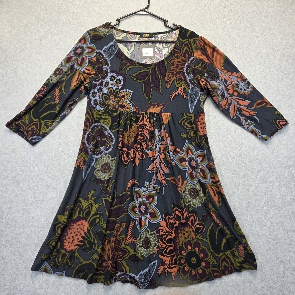 Black Asymmetrical Graphic Tunic Dress with 3/4 Sleeves